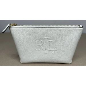 Polo Ralph Lauren Women White Cosmetic Makeup Bag 100% Cow Leather